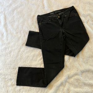 Women’s jeans Sz 10/30R, black faded mid-rise straight leg, stretchy.